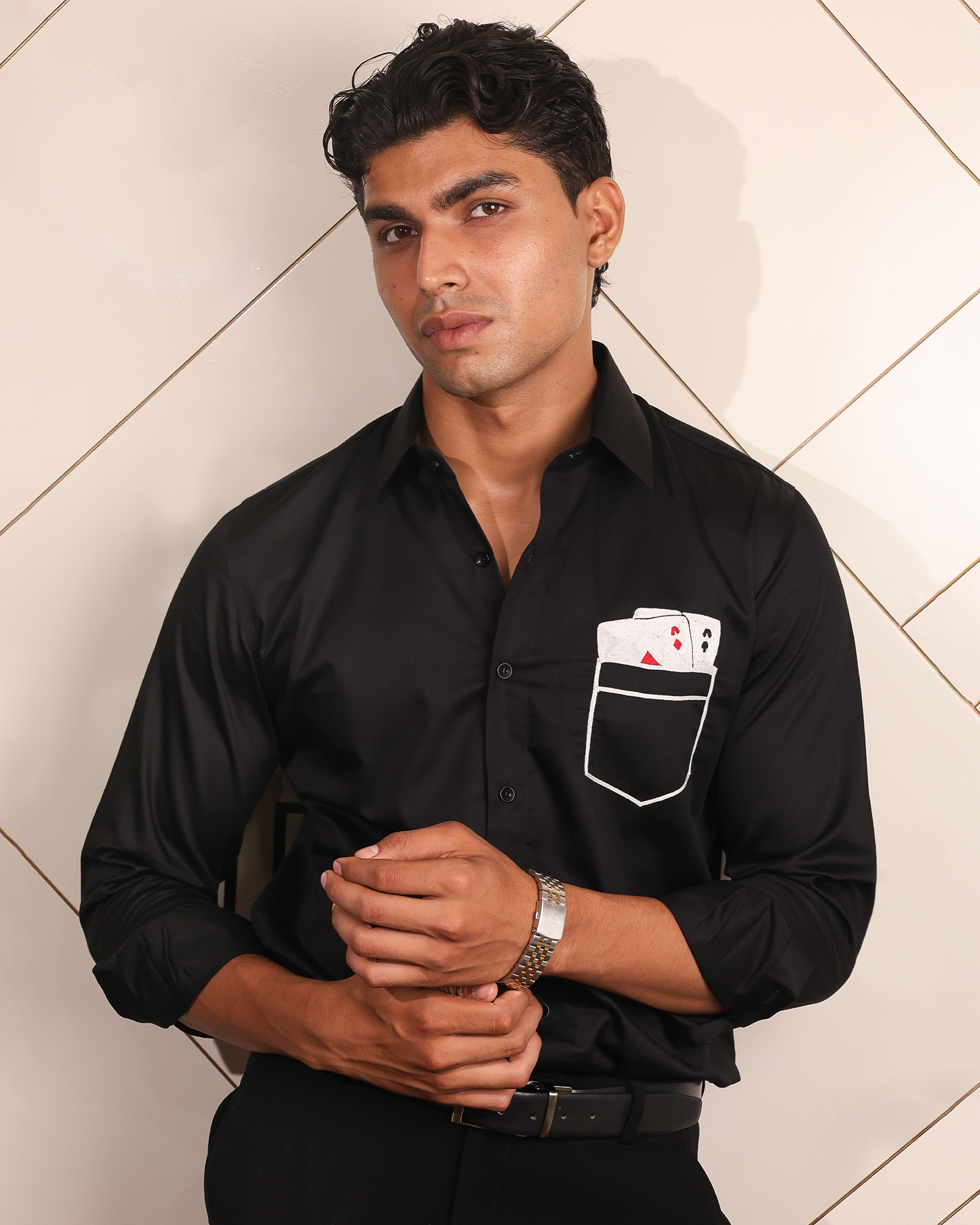 Ace Pocket – Black Embroidered Shirt
