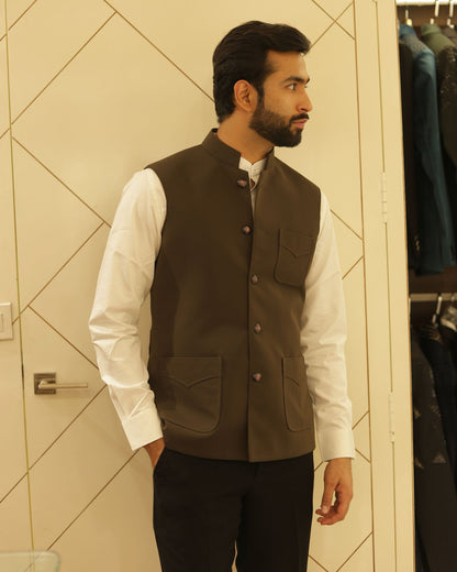 Brown Suiting Nehru Jacket