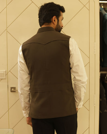 Brown Suiting Nehru Jacket