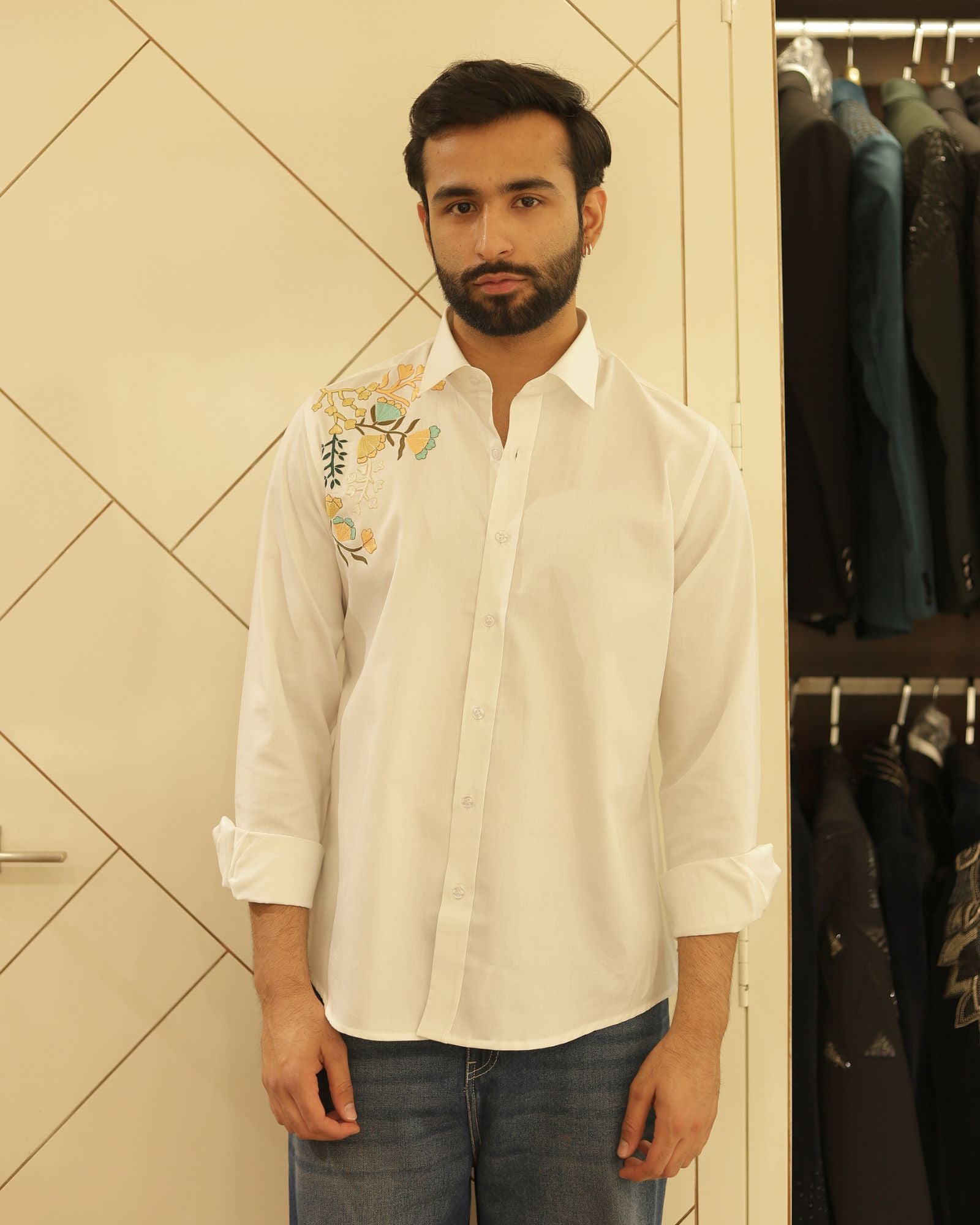 White Flower Embroidery Cotton Shirt
