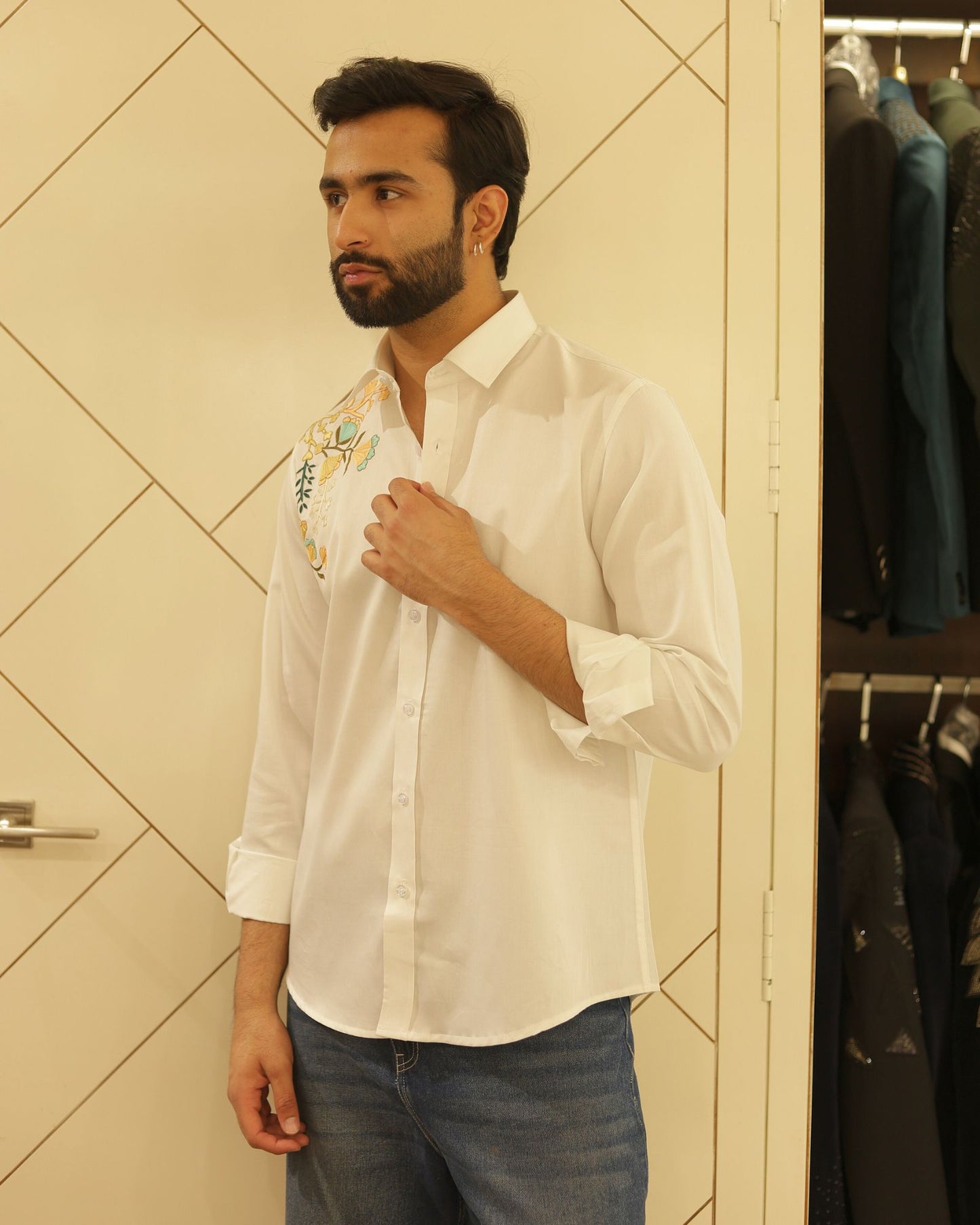White Flower Embroidery Cotton Shirt