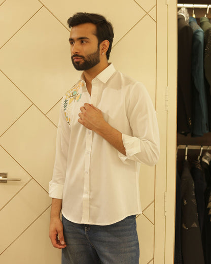 White Flower Embroidery Cotton Shirt