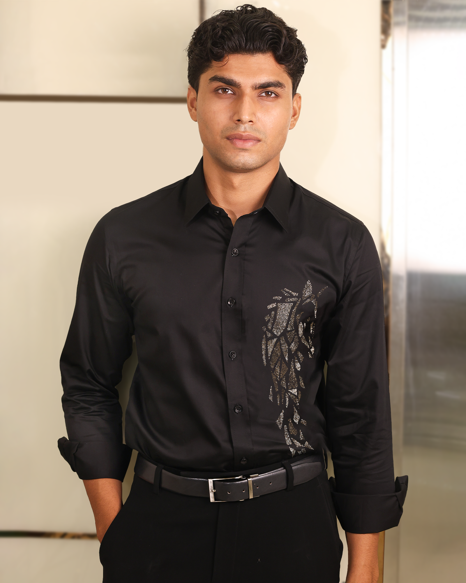 Obsidian Shard Black Beaded Embroidered Shirt