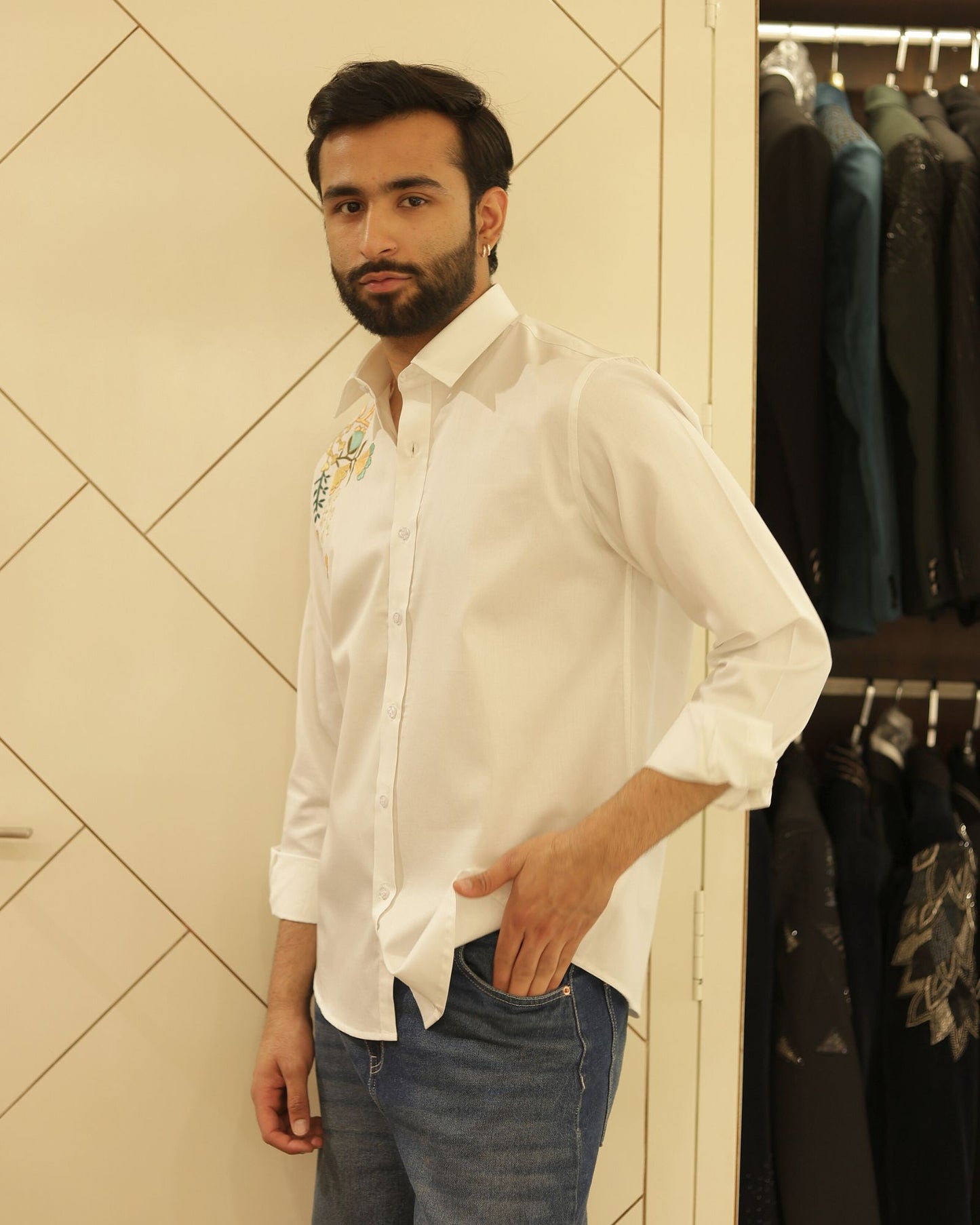 White Flower Embroidery Cotton Shirt