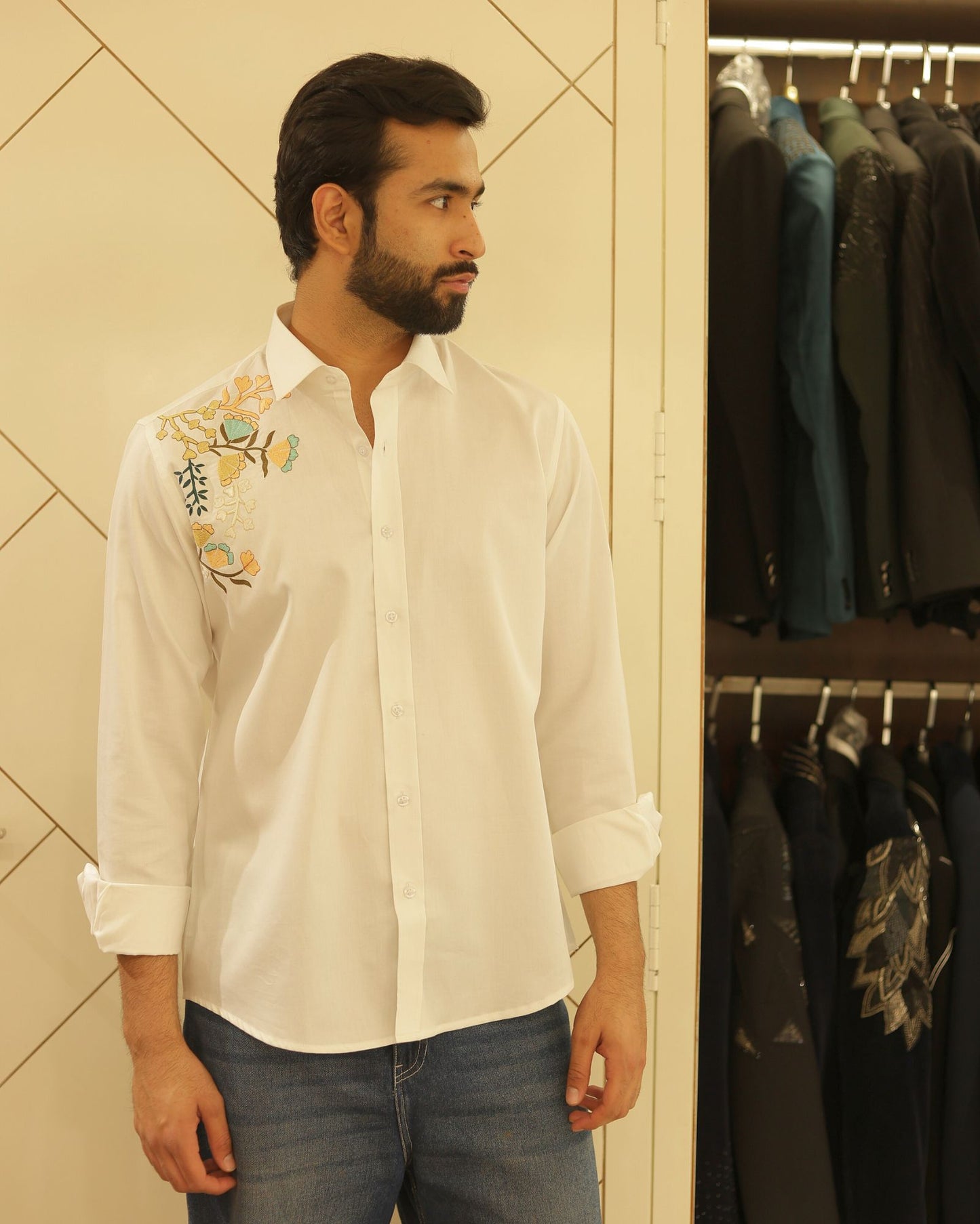 White Flower Embroidery Cotton Shirt