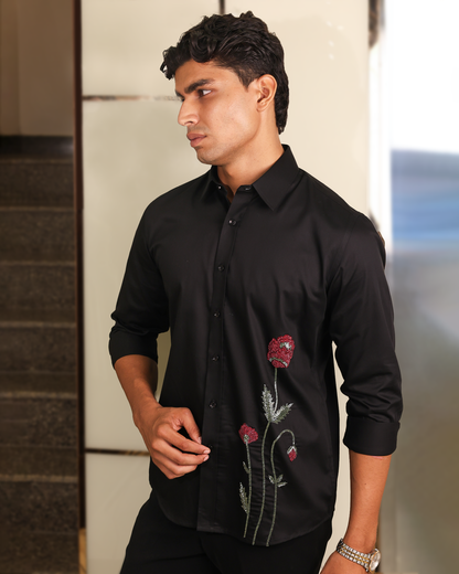 Crimson Bloom – Black Beaded Embroidered Shirt