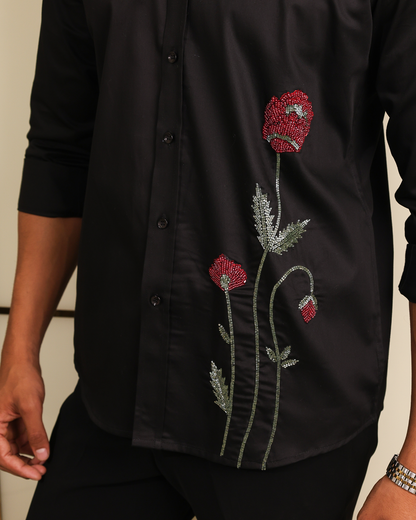 Crimson Bloom – Black Beaded Embroidered Shirt
