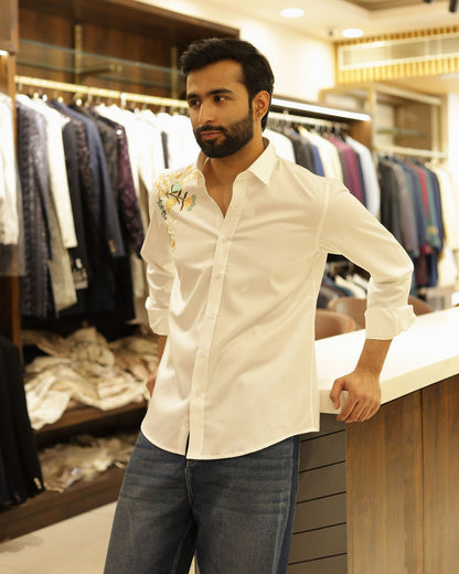 White Flower Embroidery Cotton Shirt