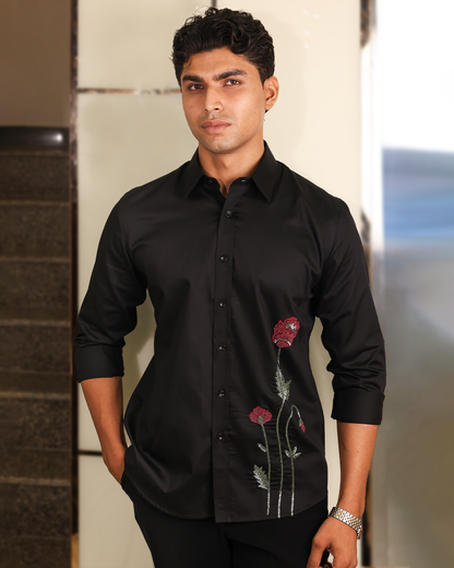 Crimson Bloom – Black Beaded Embroidered Shirt