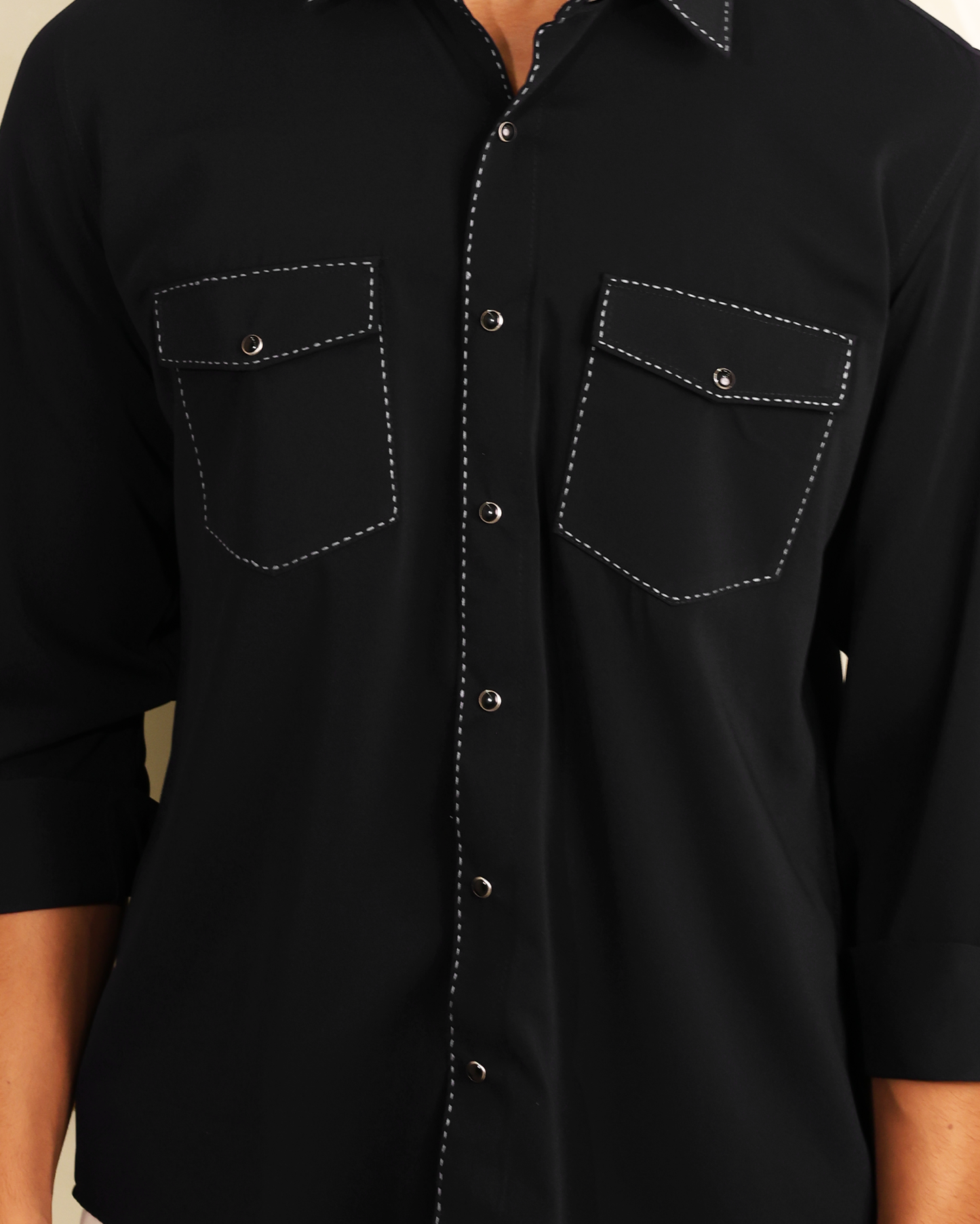 Noir Stitch Black Dual Pocket Shirt