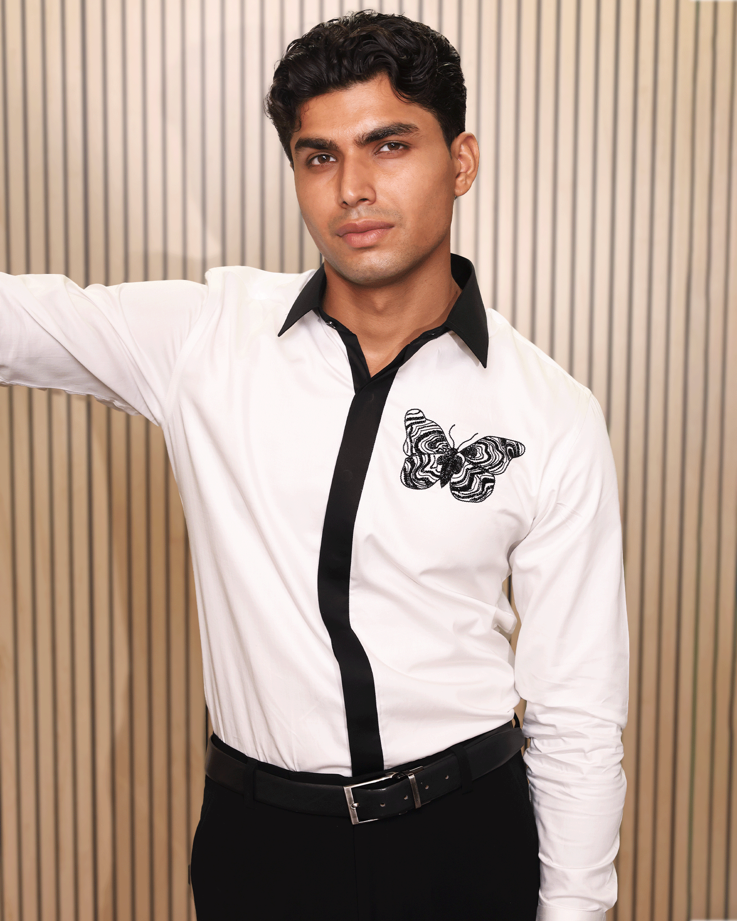 White & Black Contrast Shirt with Embroidered Butterfly Motif