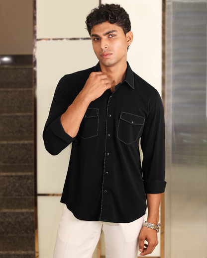 Noir Stitch Black Dual Pocket Shirt