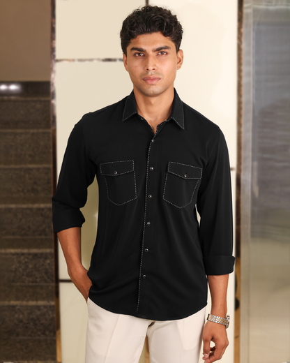 Noir Stitch Black Dual Pocket Shirt