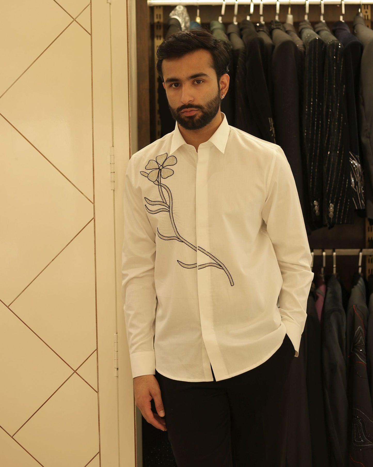 White Floral Embroidered Cotton Shirt