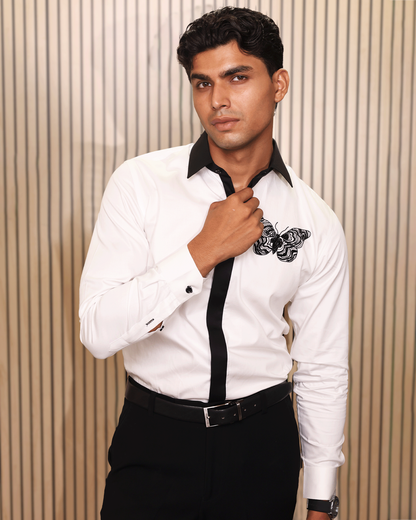 White & Black Contrast Shirt with Embroidered Butterfly Motif