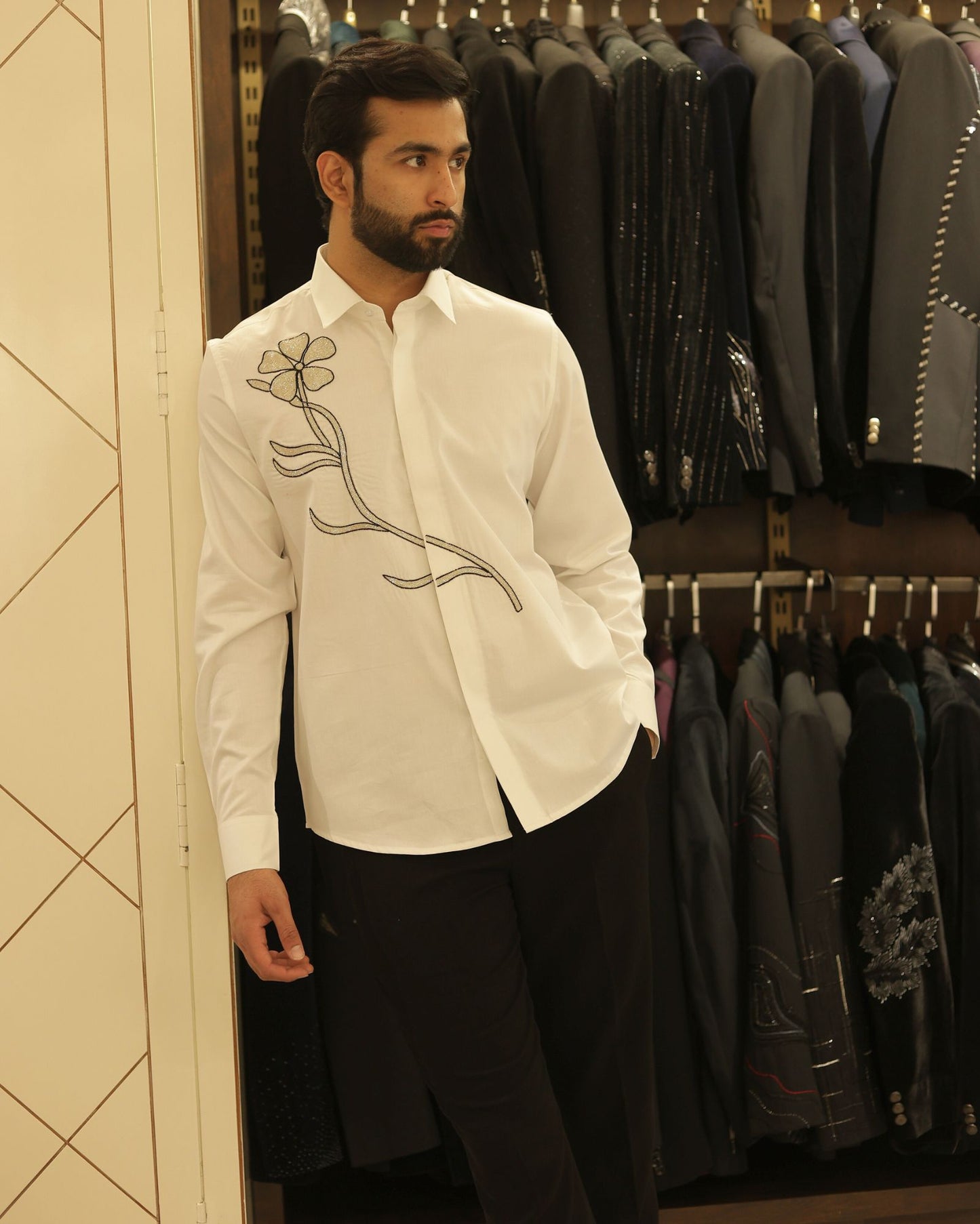 White Floral Embroidered Cotton Shirt