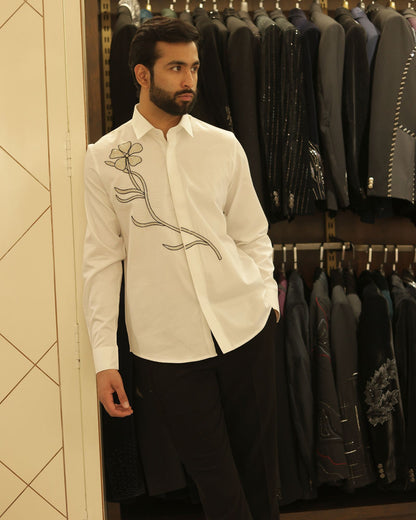 White Floral Embroidered Cotton Shirt