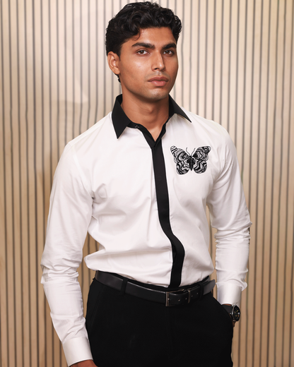 White & Black Contrast Shirt with Embroidered Butterfly Motif