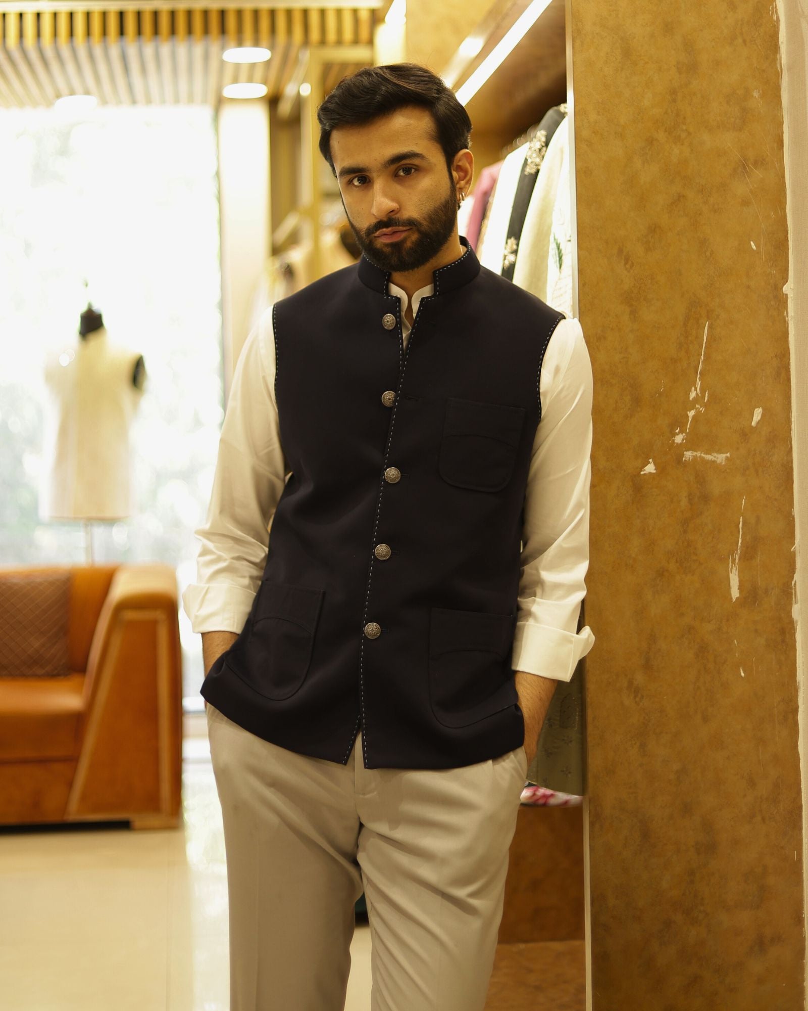 Navy Blue Suiting Nehru Jacket