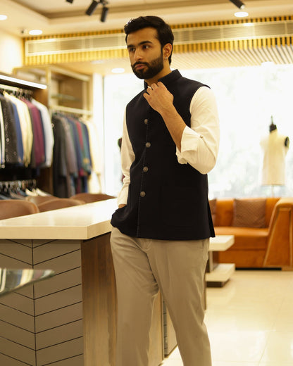 Navy Blue Suiting Nehru Jacket