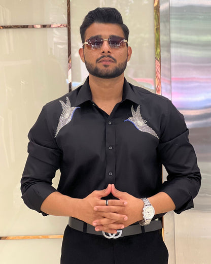 Black Embroidery Birds Designer Shirt