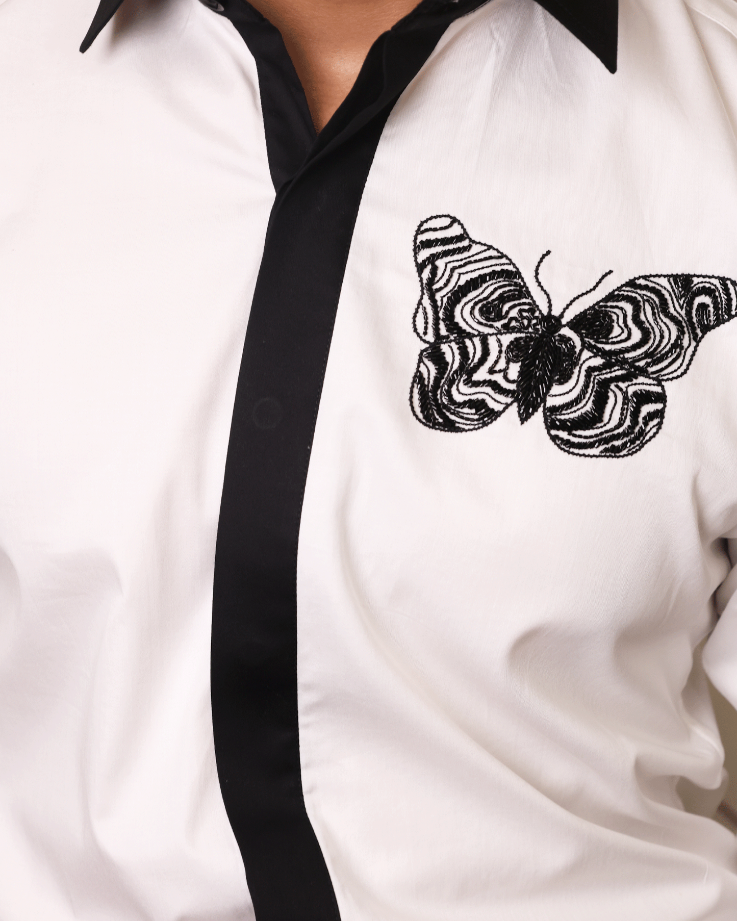 White & Black Contrast Shirt with Embroidered Butterfly Motif