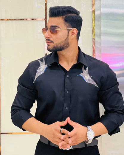 Black Embroidery Birds Designer Shirt