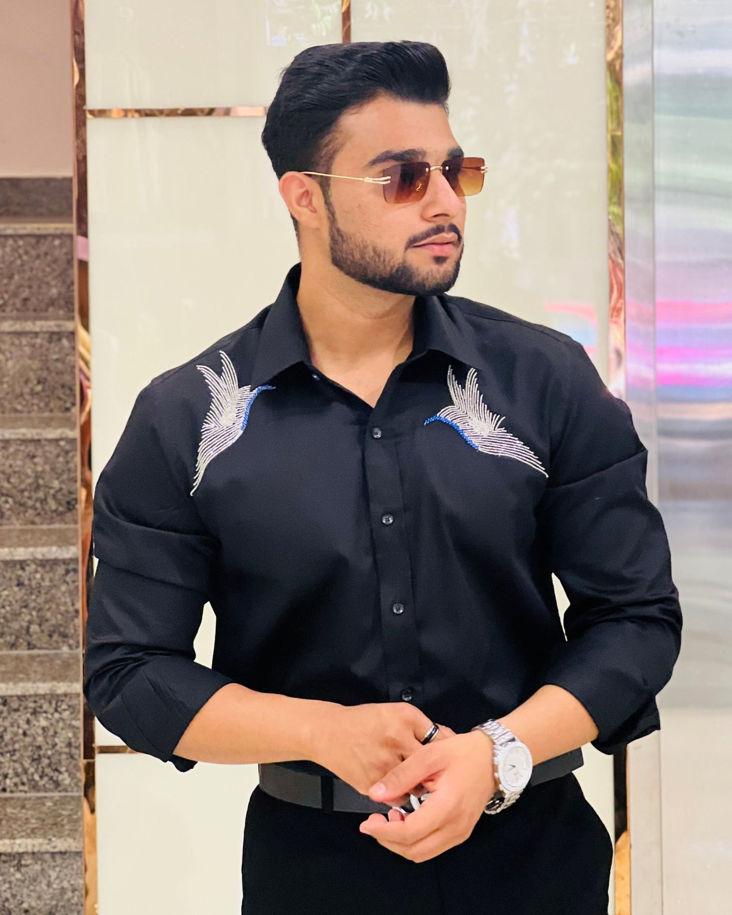 Black Embroidery Birds Designer Shirt