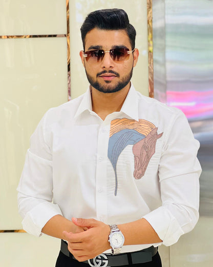 White Cotton Aari Embroidery Horse Designer Shirt