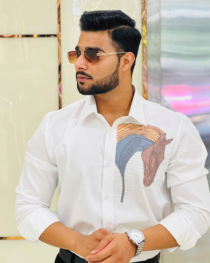 White Cotton Aari Embroidery Horse Designer Shirt