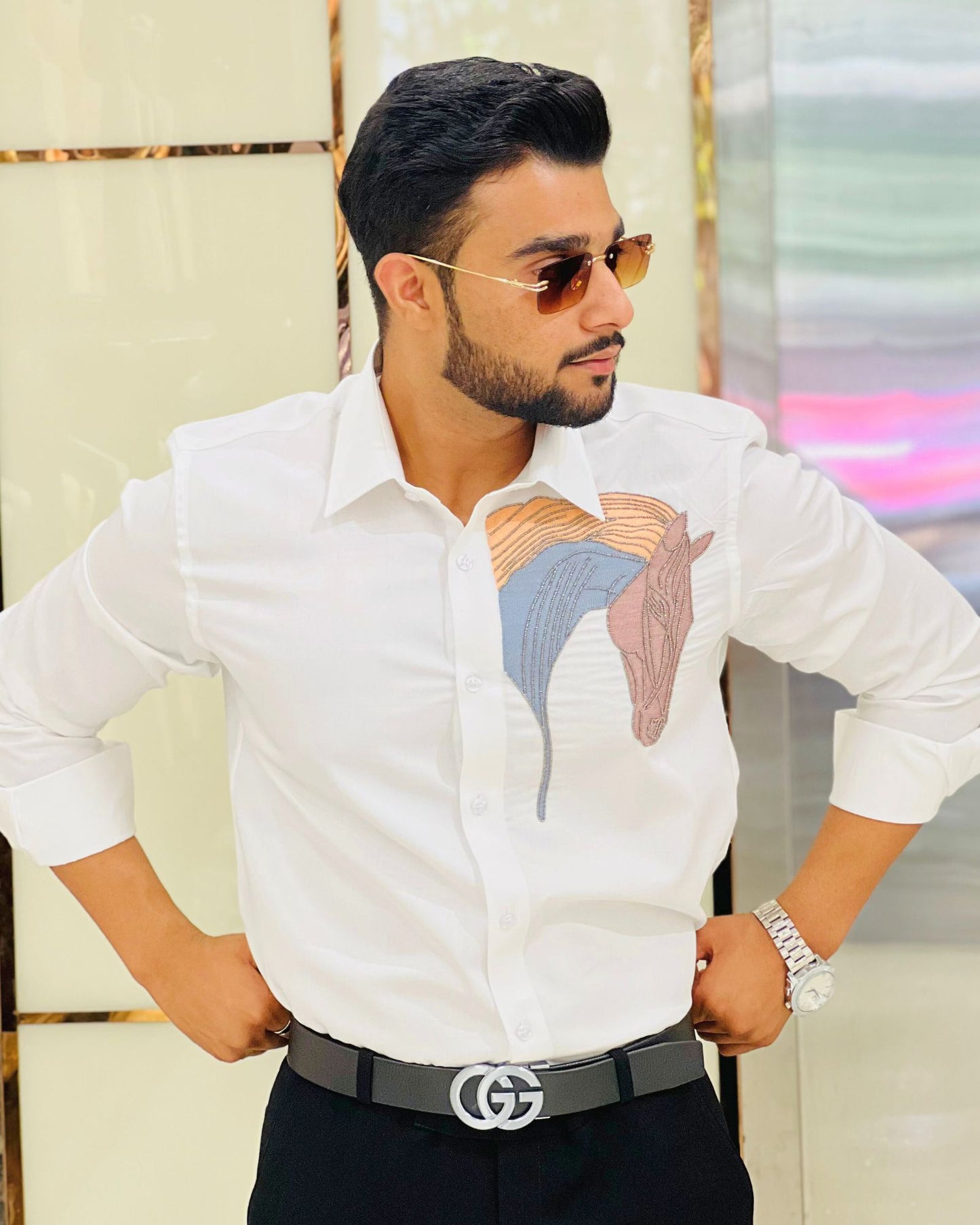 White Cotton Aari Embroidery Horse Designer Shirt