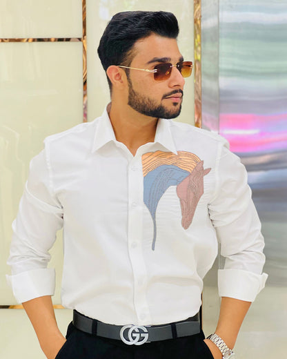 White Cotton Aari Embroidery Horse Designer Shirt