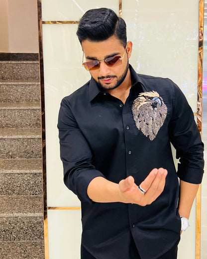 Black Cotton Shirt With Handcrafted Eagle Embroidery