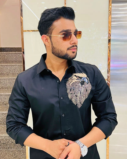 Black Cotton Shirt With Handcrafted Eagle Embroidery