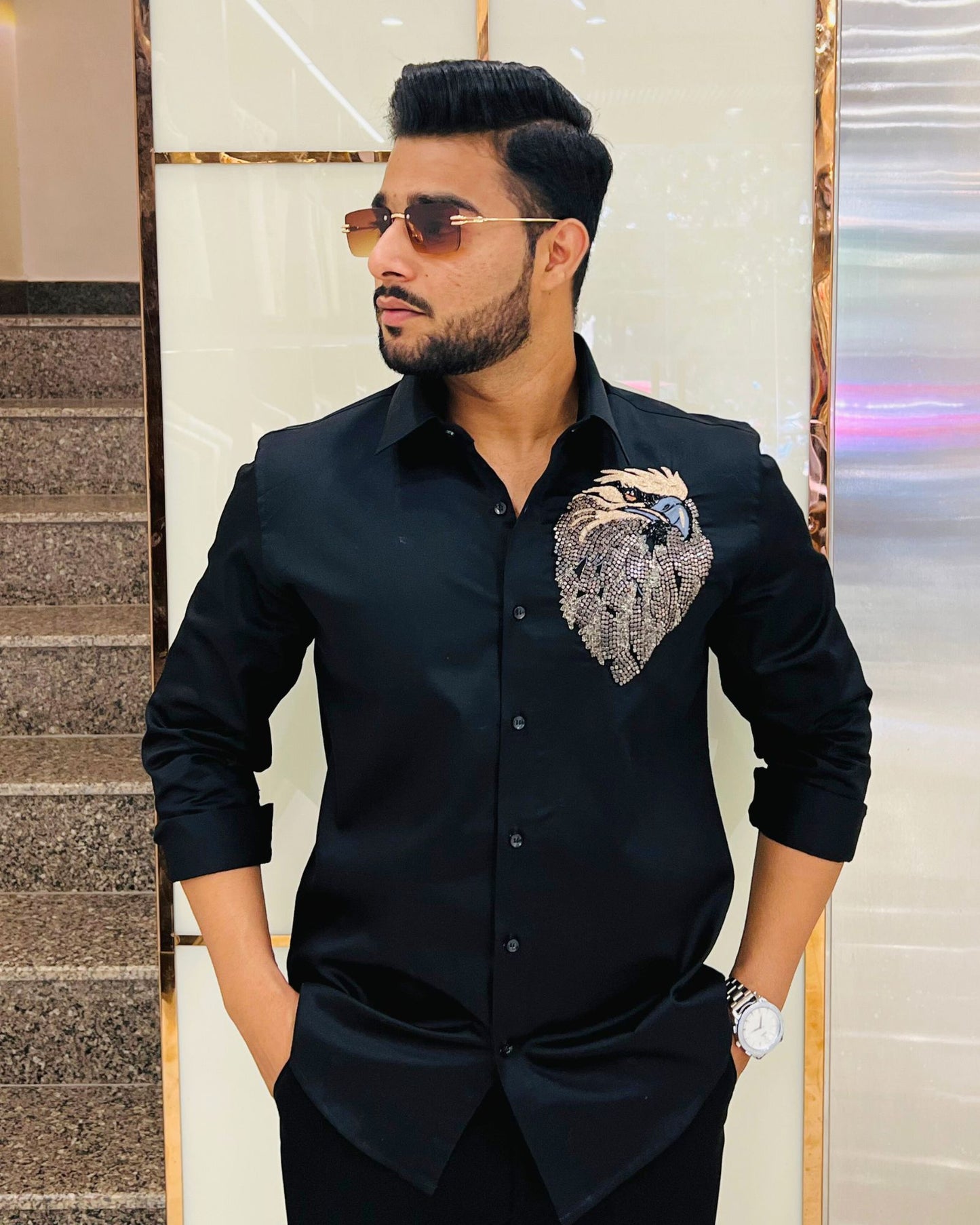 Black Cotton Shirt With Handcrafted Eagle Embroidery