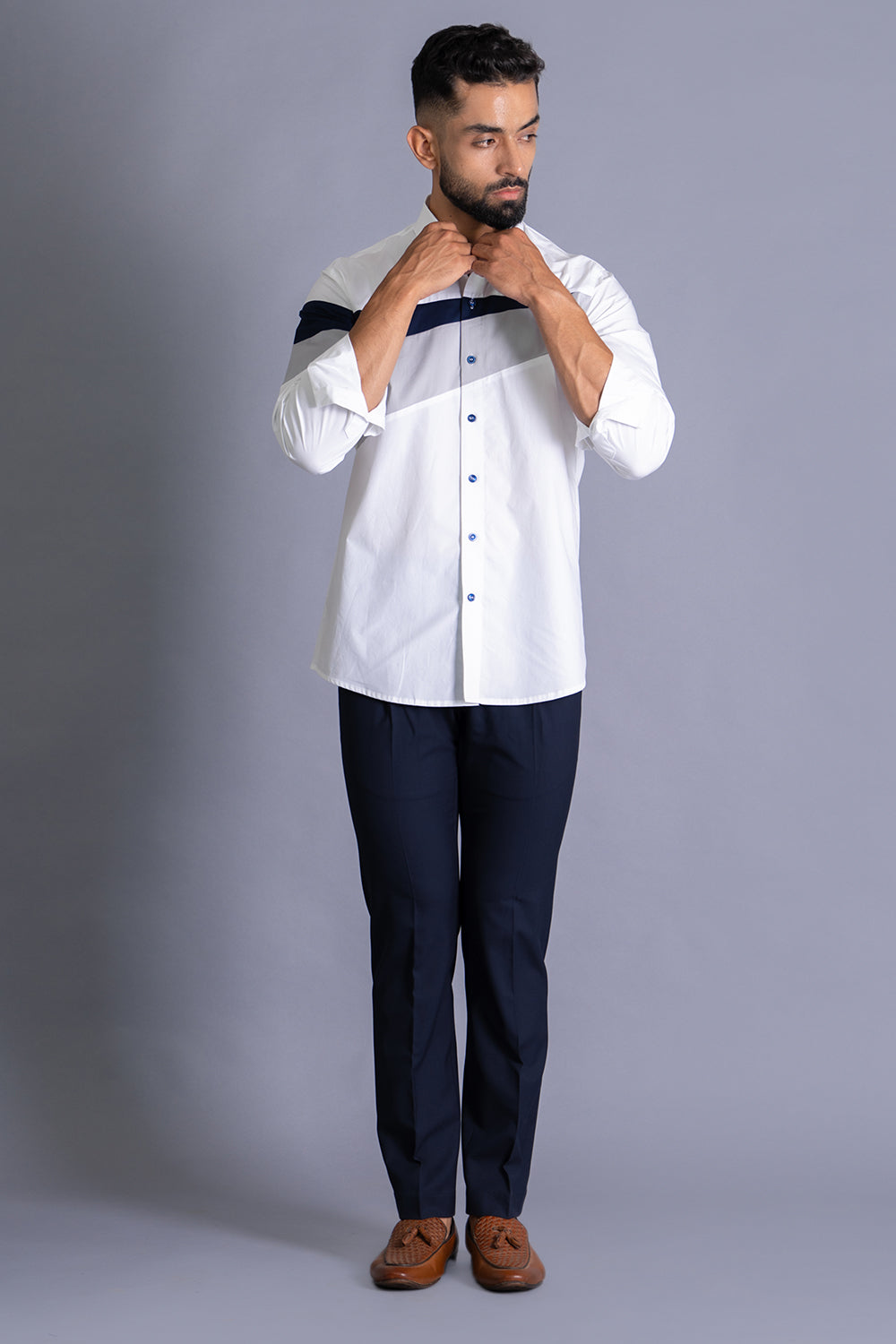 Blue-Grey Stripe Colour Block Shirt