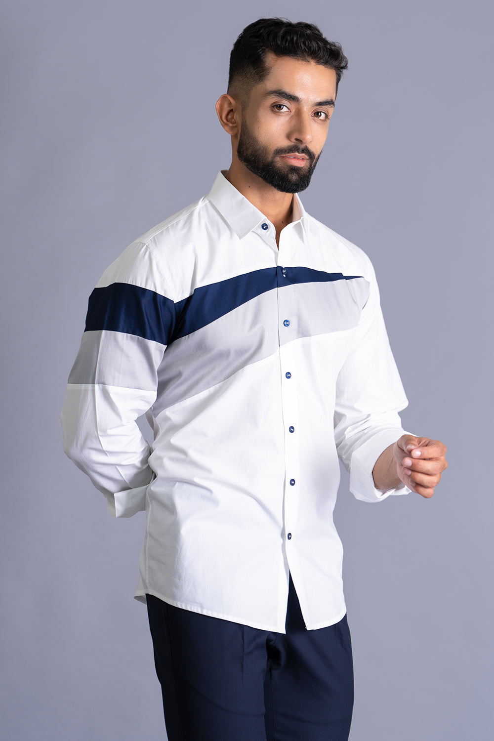 Blue-Grey Stripe Colour Block Shirt