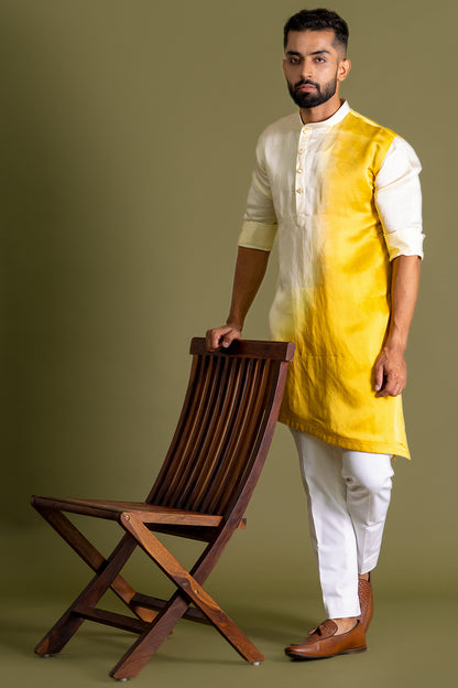 Light Yellow-Yellow Kurta, Assymetric Hem, Dip-Dyed, Side Button