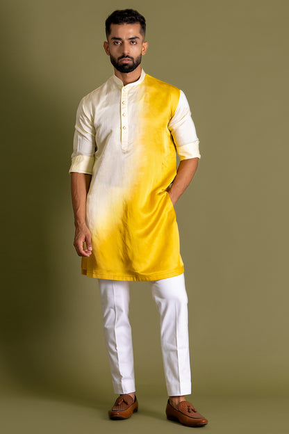 Light Yellow-Yellow Kurta, Assymetric Hem, Dip-Dyed, Side Button