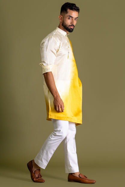 Light Yellow-Yellow Kurta, Assymetric Hem, Dip-Dyed, Side Button