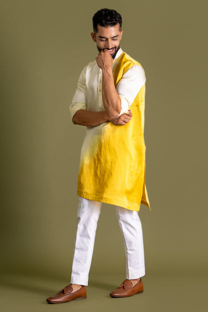Light Yellow-Yellow Kurta, Assymetric Hem, Dip-Dyed, Side Button
