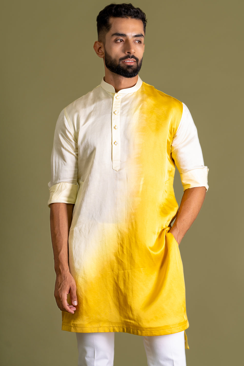 Light Yellow-Yellow Kurta, Assymetric Hem, Dip-Dyed, Side Button