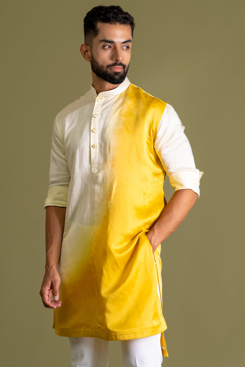 Light Yellow-Yellow Kurta, Assymetric Hem, Dip-Dyed, Side Button