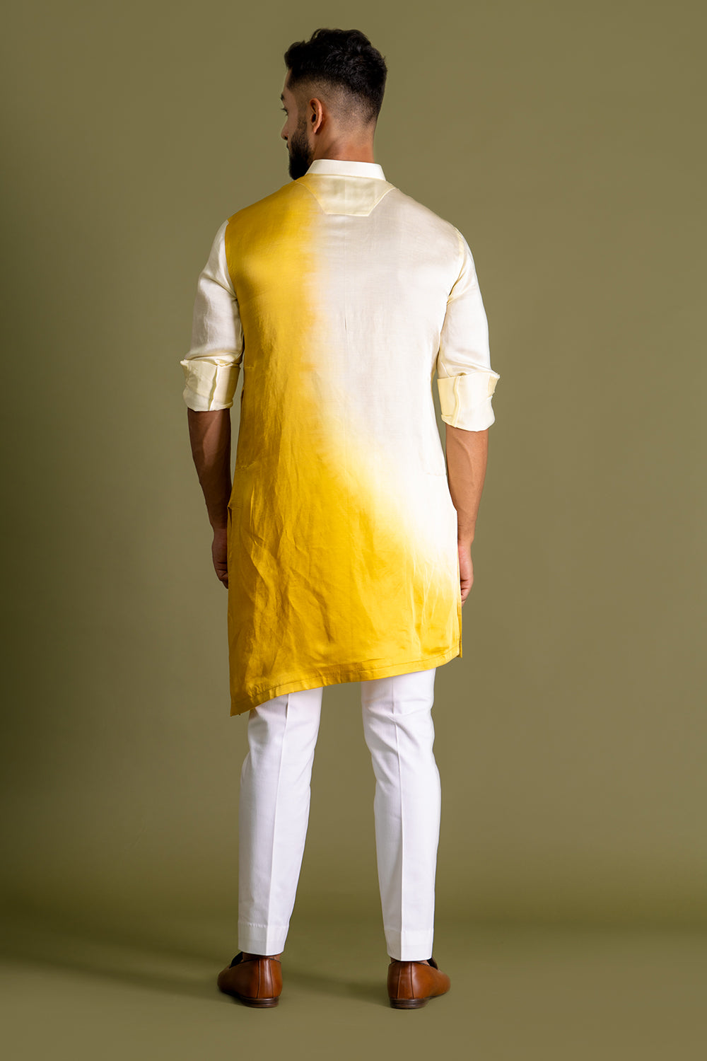 Light Yellow-Yellow Kurta, Assymetric Hem, Dip-Dyed, Side Button