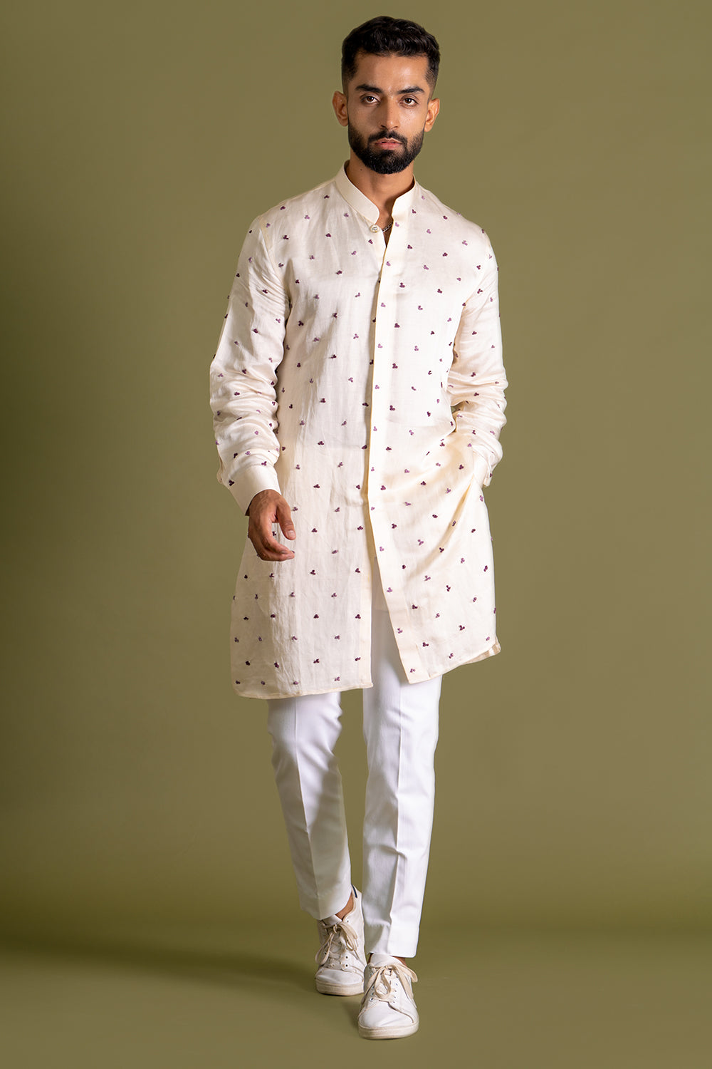 Front Open With French Knots Detail All Over Spread Kurta