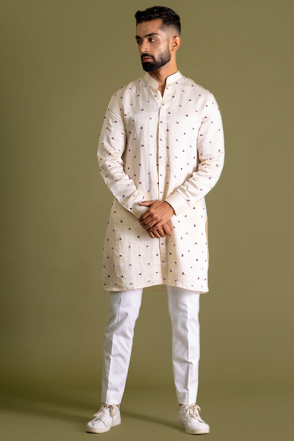 Front Open With French Knots Detail All Over Spread Kurta