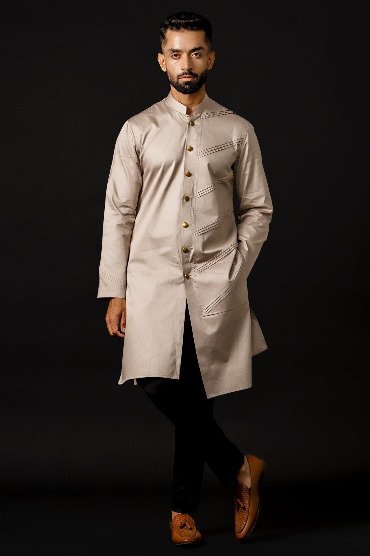 Kurta With Asymmetric Overlap Panel And Pintucks Detailing