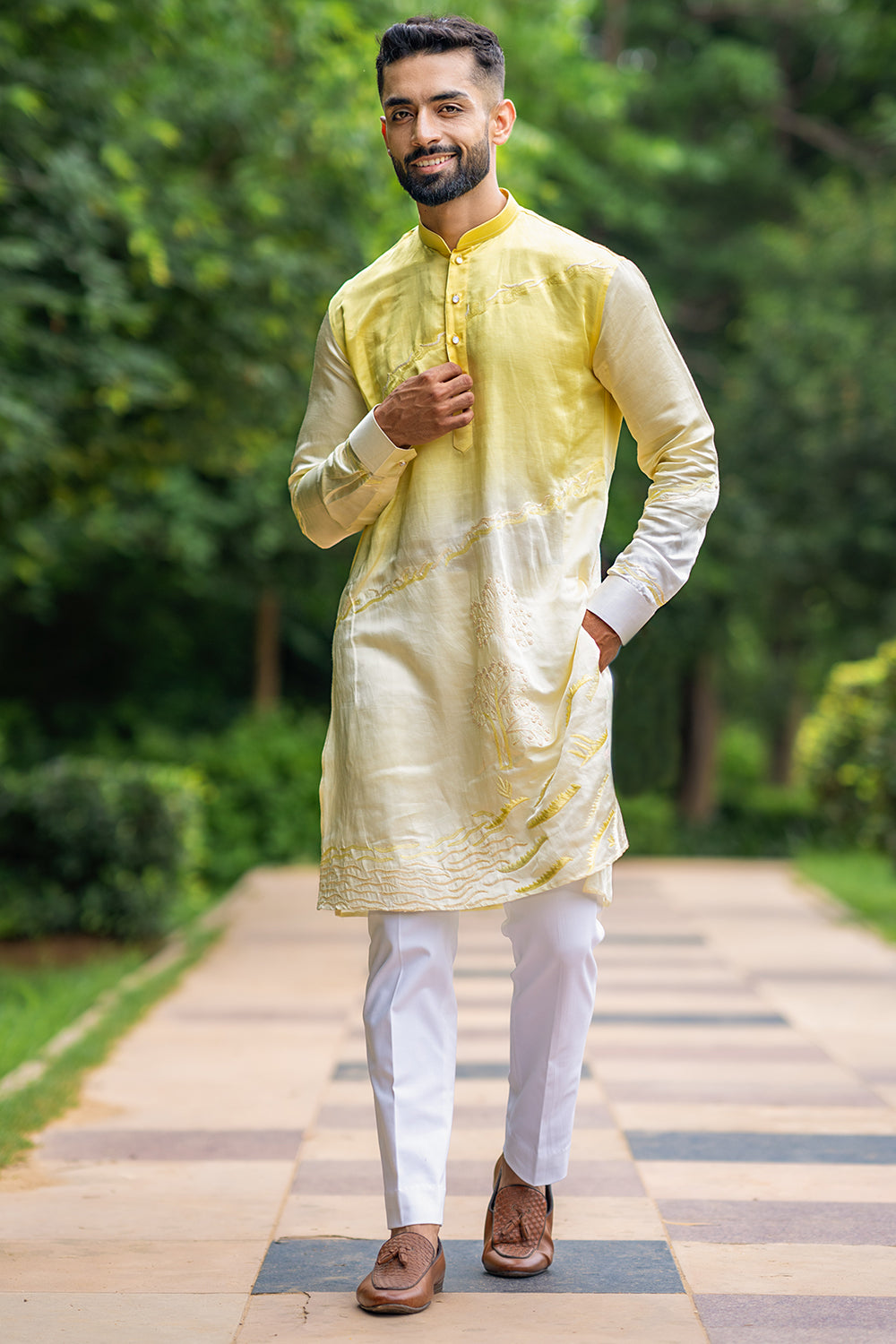 Linen Satin Kurta With Placement Threadwork