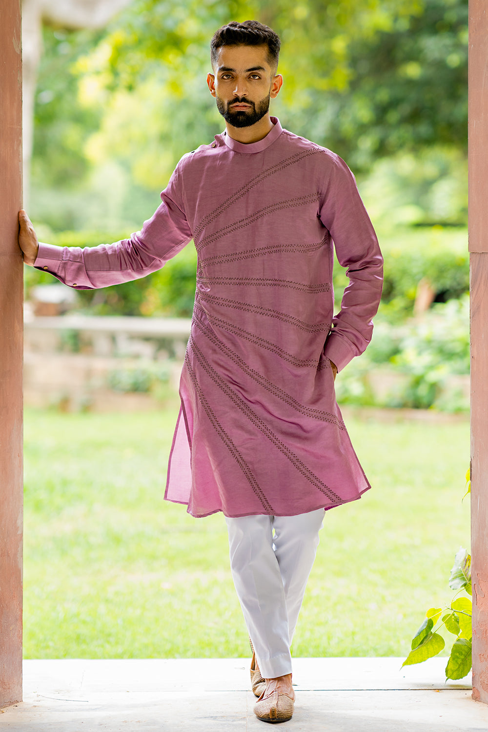 Kurta with Bronze Colour Beads Embroidered Spread All Over the Front, Round Collar