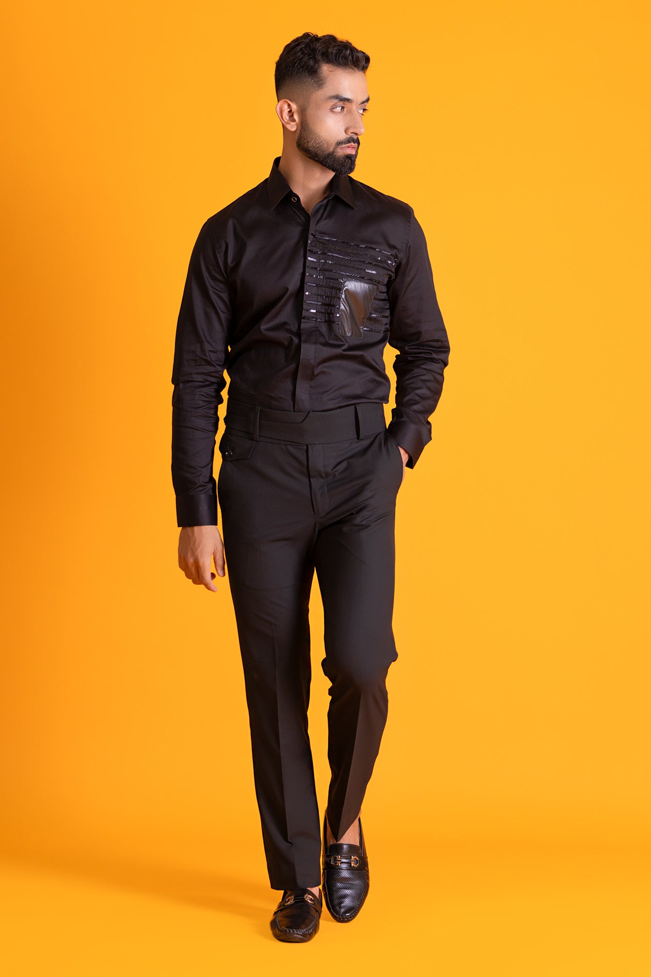 Leather Patch Shirt With Parallel Lines Cutdana Work